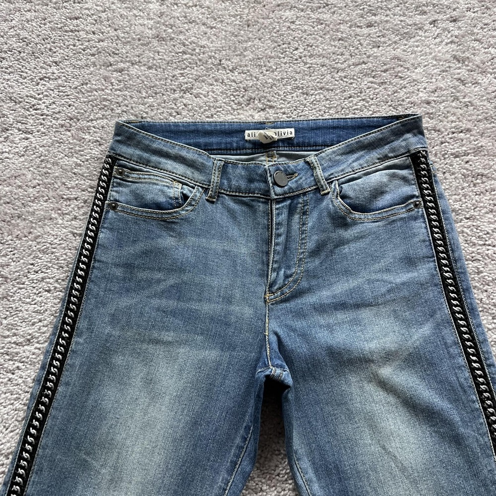 Alice + Olivia Chain Studded Side Stripe Slim Jeans Womens 27 Blue Mid Rise - Picture 6 of 16